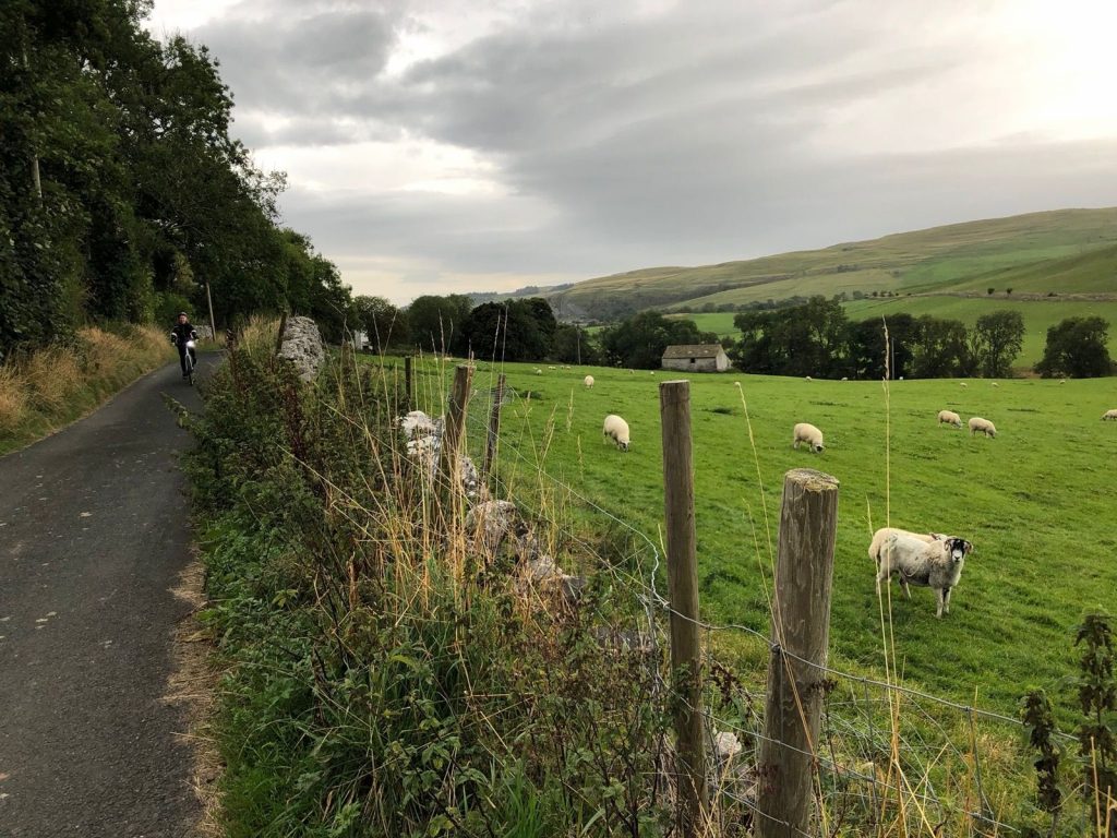 A country lane in the Yorkshire dales with a cyclist