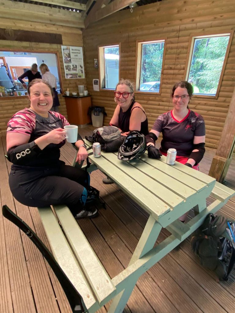 Group of women mountain bikers enjoying a break