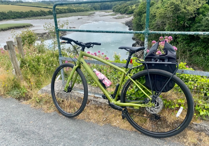 Green bike resting against a railing