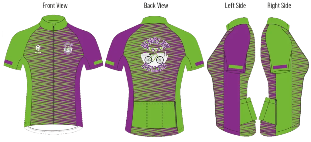 Front, back and side view of Bingley Belles cycling jersey design.