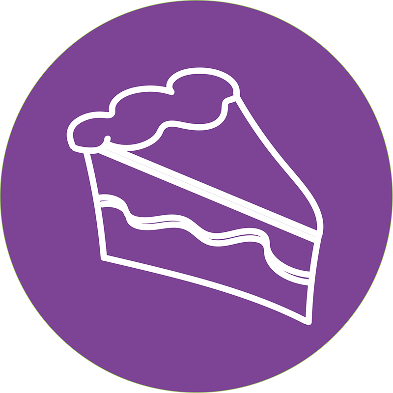 Scribbled cake drawing on a circular purple background.