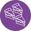 Three scribbled cake drawings on a circular purple background.