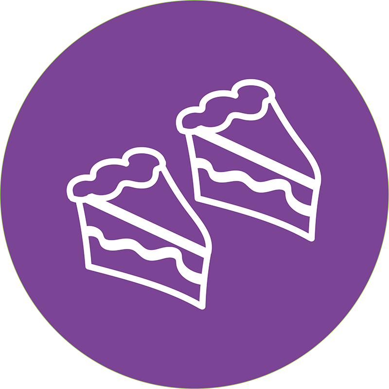 Two scribbled cake drawings on a circular purple background.