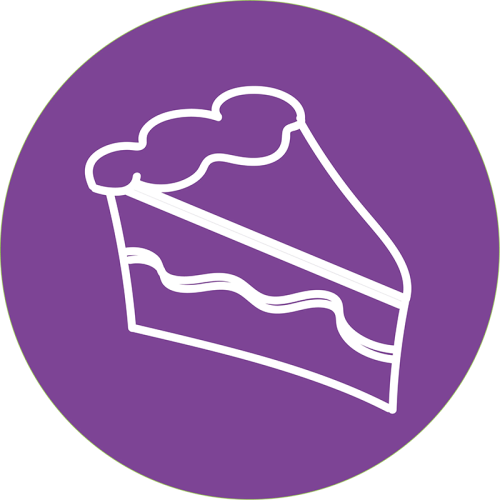 Scribbled cake drawing on a circular purple background.