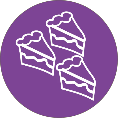Three scribbled cake drawings on a circular purple background.