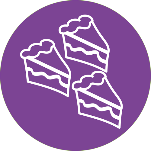 Three scribbled cake drawings on a circular purple background.