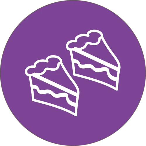 Two scribbled cake drawings on a circular purple background.