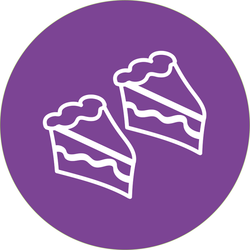 Two scribbled cake drawings on a circular purple background.